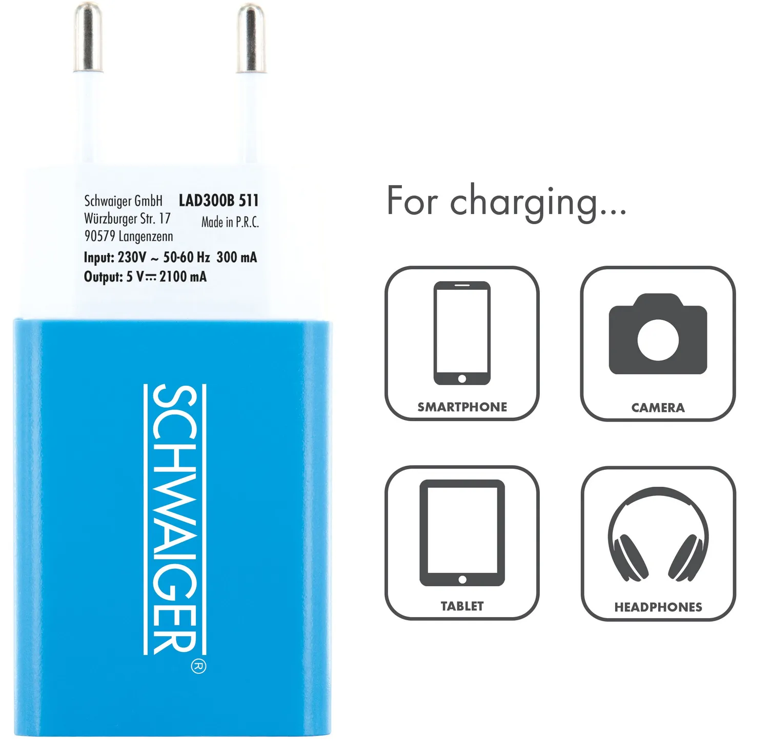SCHWAIGER Caricabatterie USB 230V 2,1A bianco blu rosa