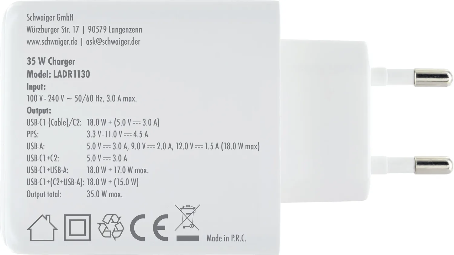 SCHWAIGER Caricatore 30W USB-A+C cavo estraibile 35W