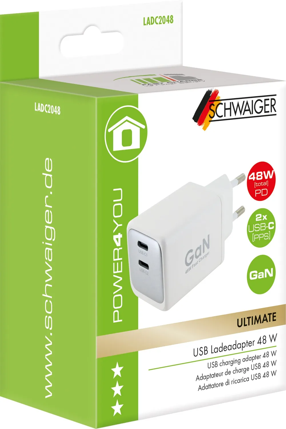 Schwaiger Caricabatterie Rapido GaN 48W USB-C Bianco