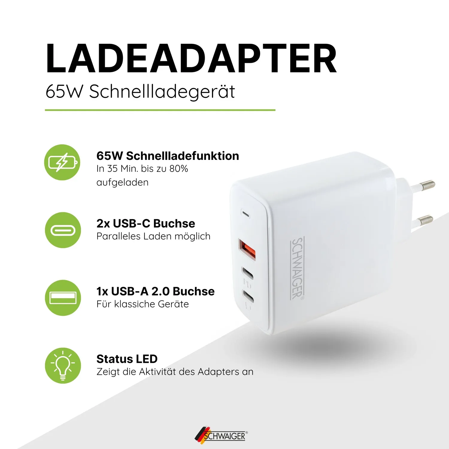 Schwaiger LADC2165 Caricatore USB 65W bianco