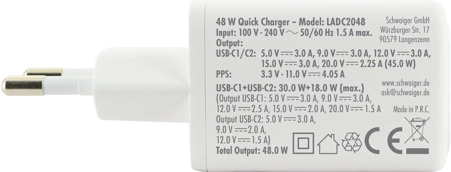Schwaiger Caricabatterie Rapido GaN 48W USB-C Bianco