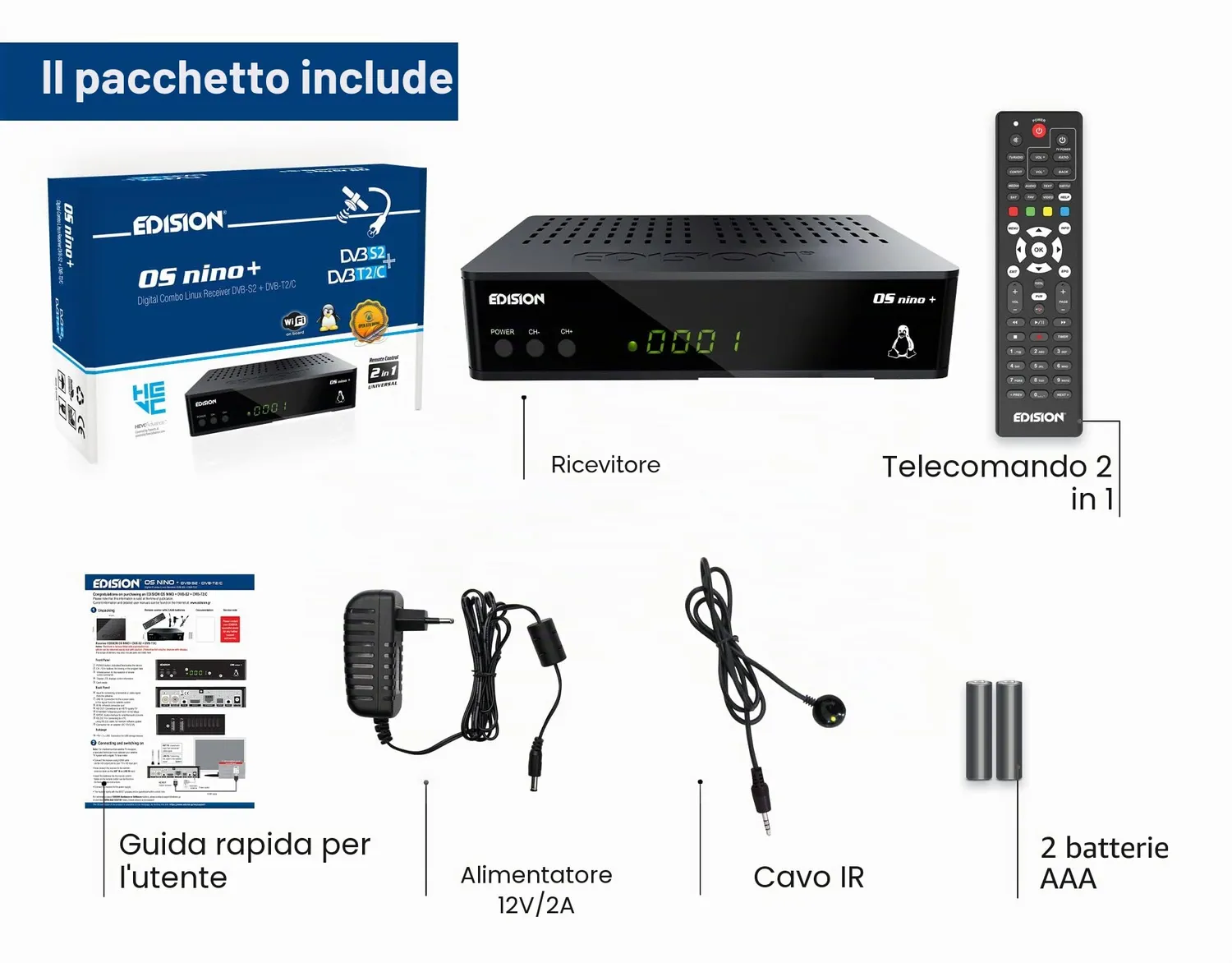 Edision OS Nino+ ricevitore combo DVB-S2/T2/C nero