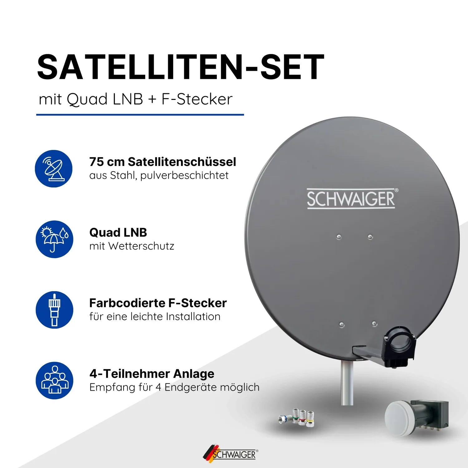 SCHWAIGER Parabola acciaio 75 cm kit Quad 4 utenti antracite