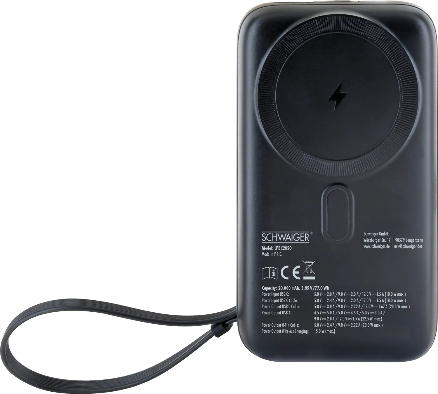 SCHWAIGER Powerbank Wireless 20000 mAh ricarica senza fili