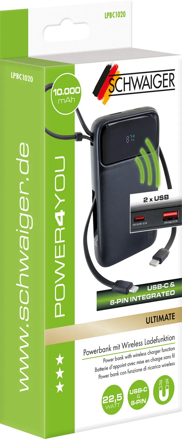 SCHWAIGER Powerbank Wireless 20000 mAh ricarica senza fili