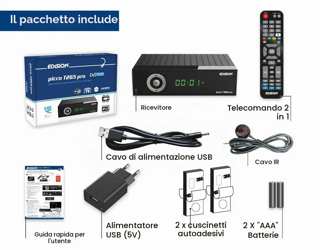 Edision PICCO T265 Pro Decoder Terrestre DVB-T2 HEVC Nero