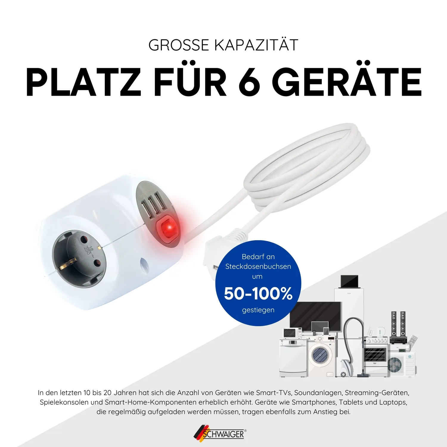 SCHWAIGER Cubo presa multipla 3 prese + 3 USB 1,4 m