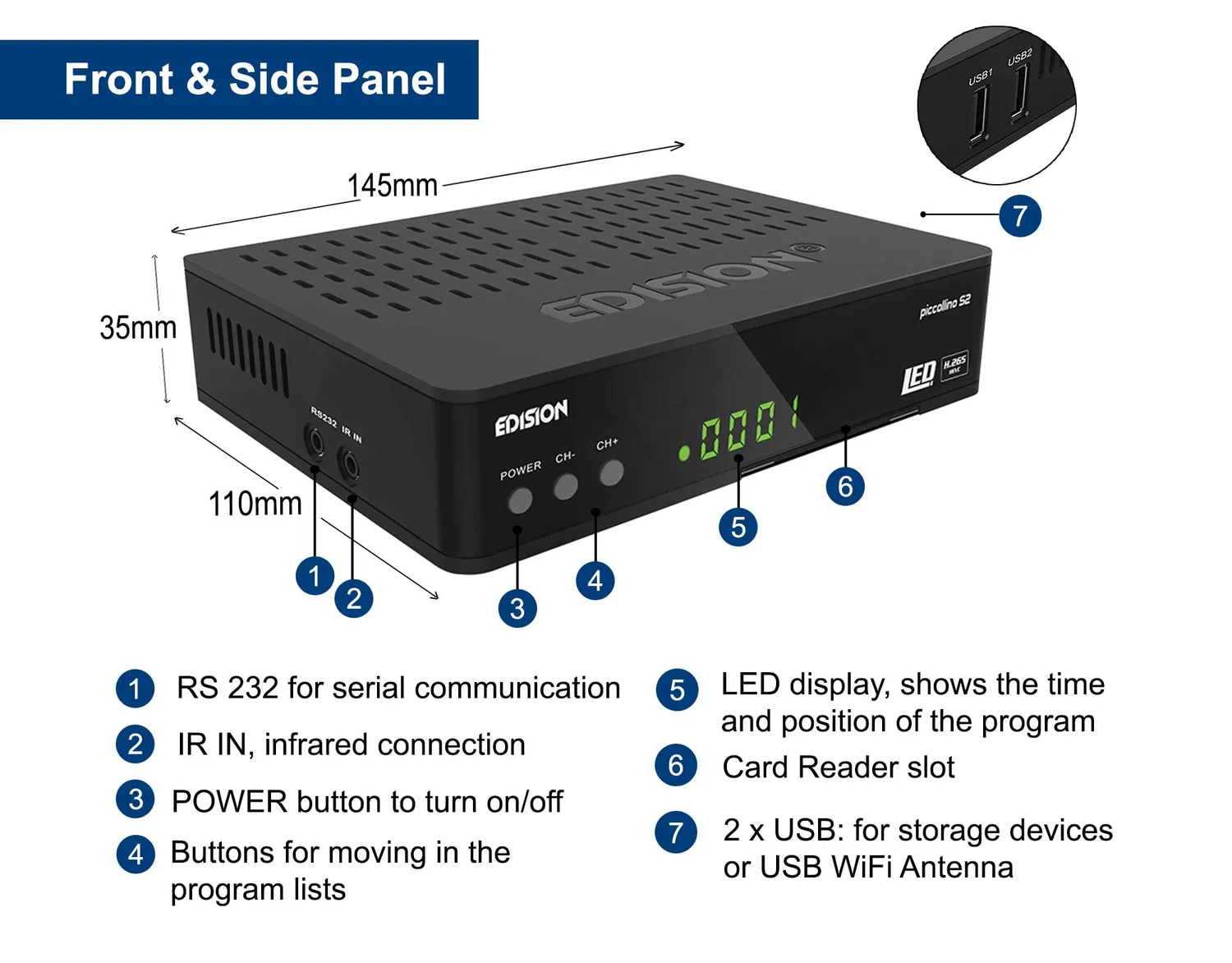 Edision Piccollino S2 Decoder Sat DVB-S2 Full HD H.265 HEVC