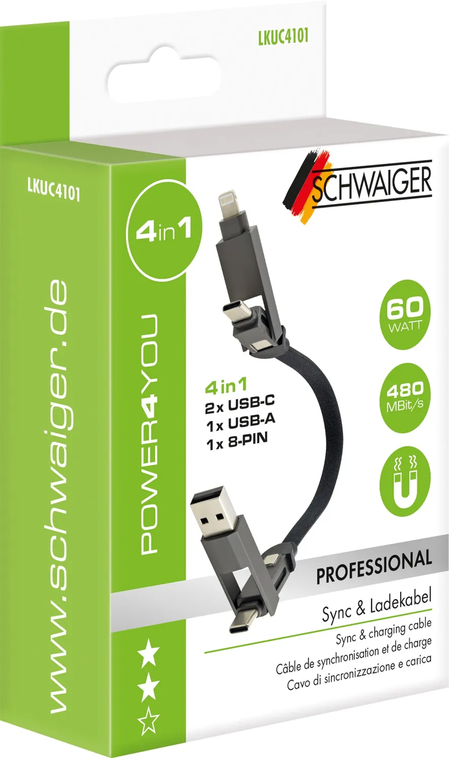 Schwaiger 4 in 1 cavo USB-C Lightning 60W nero
