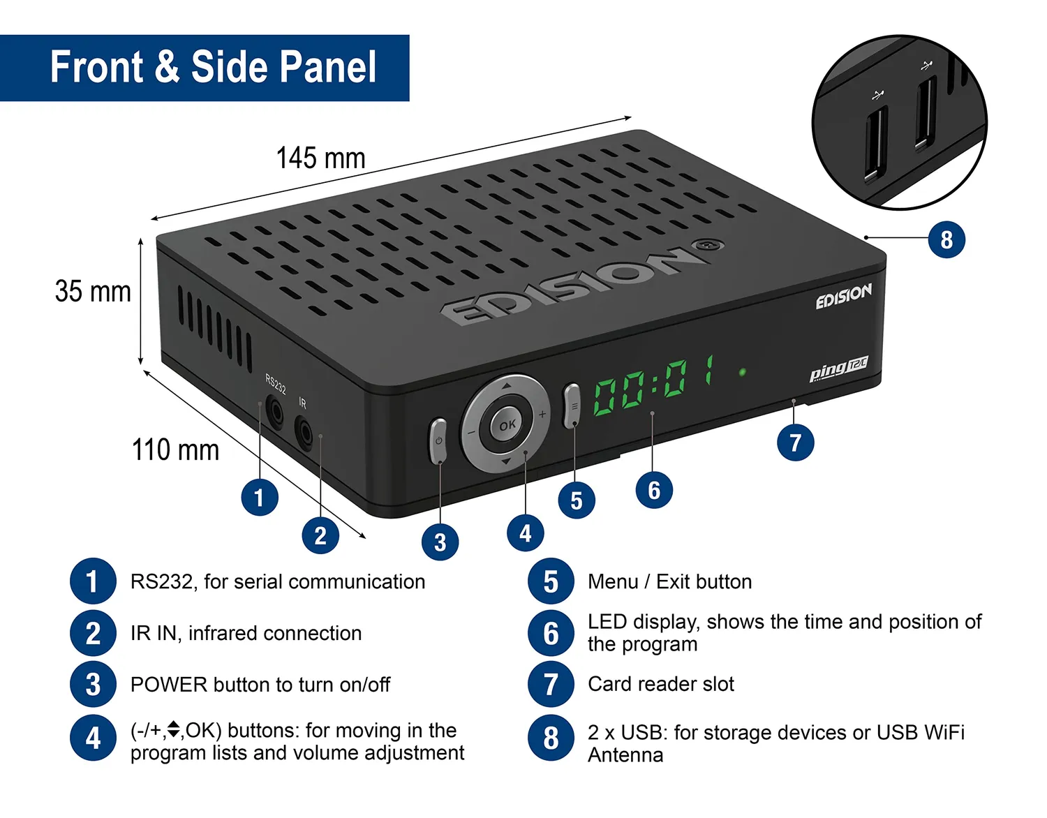 Edision Ping T2/C decoder DVB-T2 HEVC telecomando 2in1