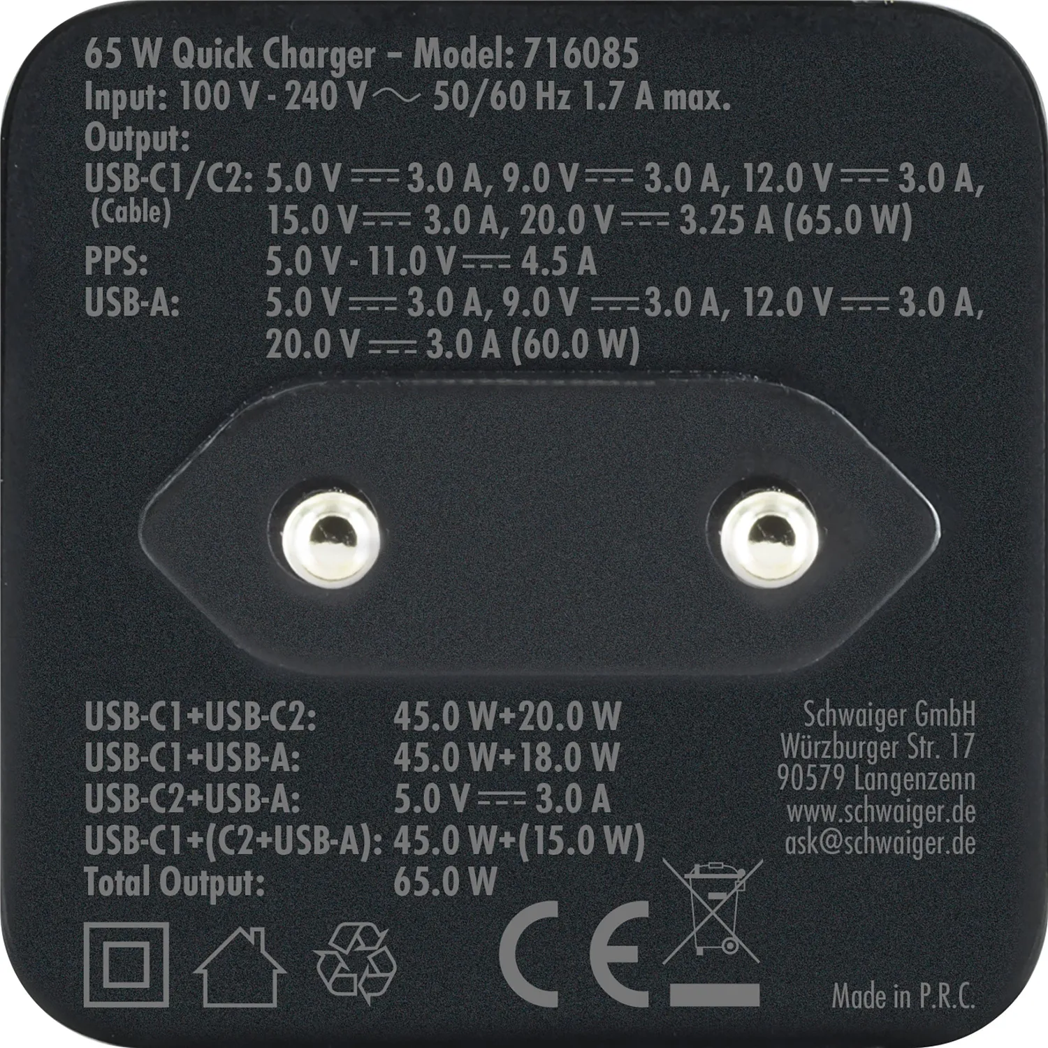 Schwaiger Caricatore Rapido 65W GaN cavo retrattile USB-C