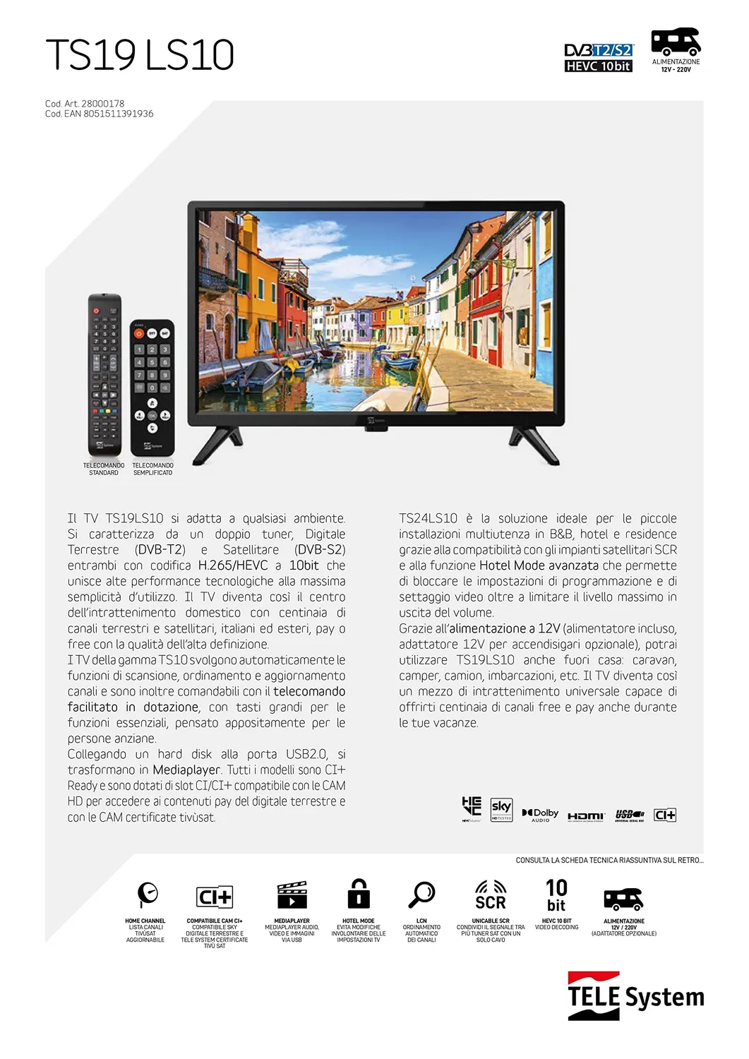 TELE System TS19 LS10 TV LED 19 HD T2/S2 12V nero