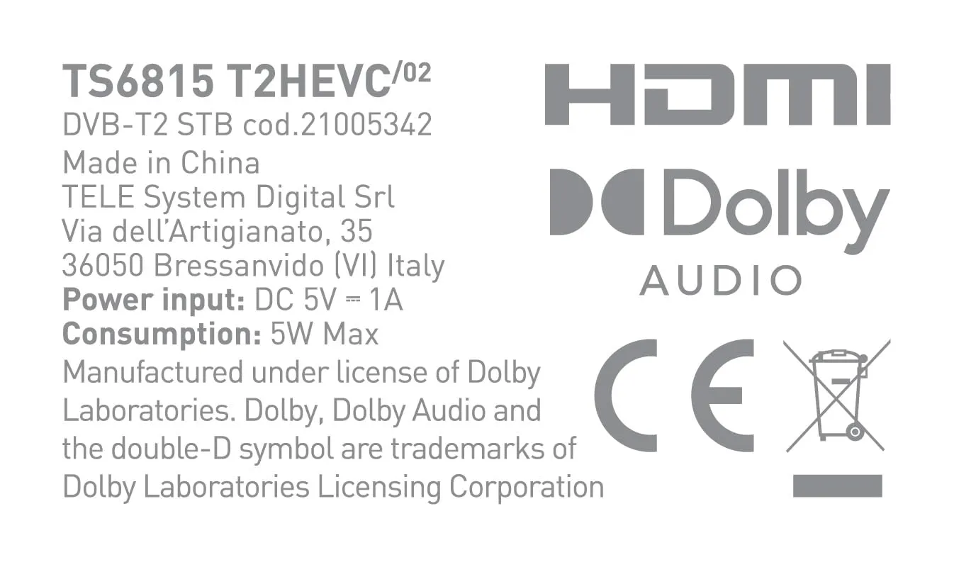 TELE System TS6815/02 decoder terrestre DVB-T2 HEVC