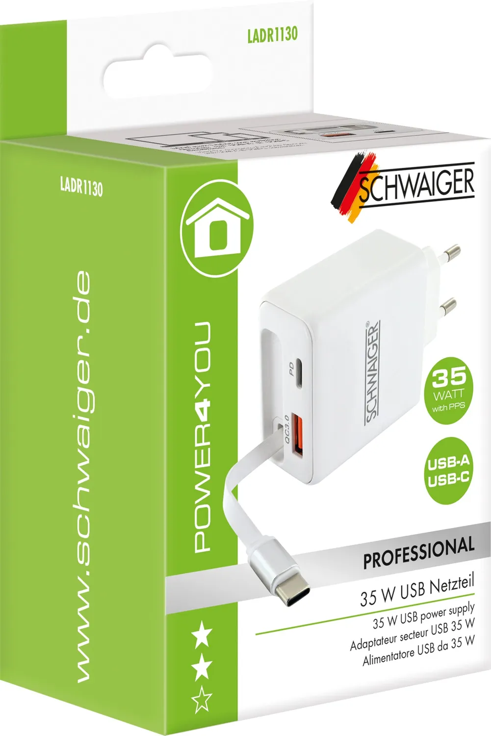 SCHWAIGER Caricatore 30W USB-A+C cavo estraibile 35W
