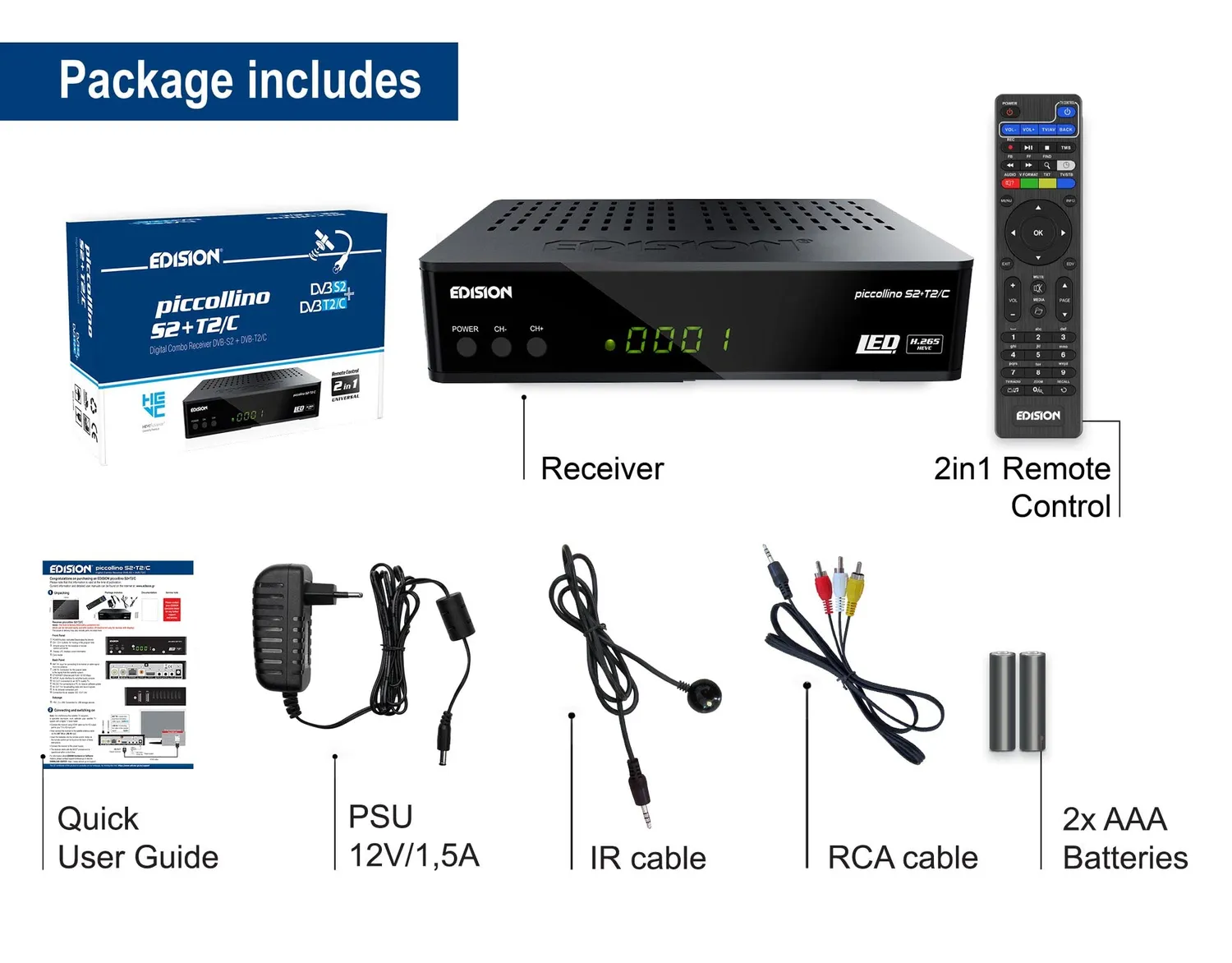 Edision PICCOLLINO S2+T2/C Decoder Combo Full HD HEVC