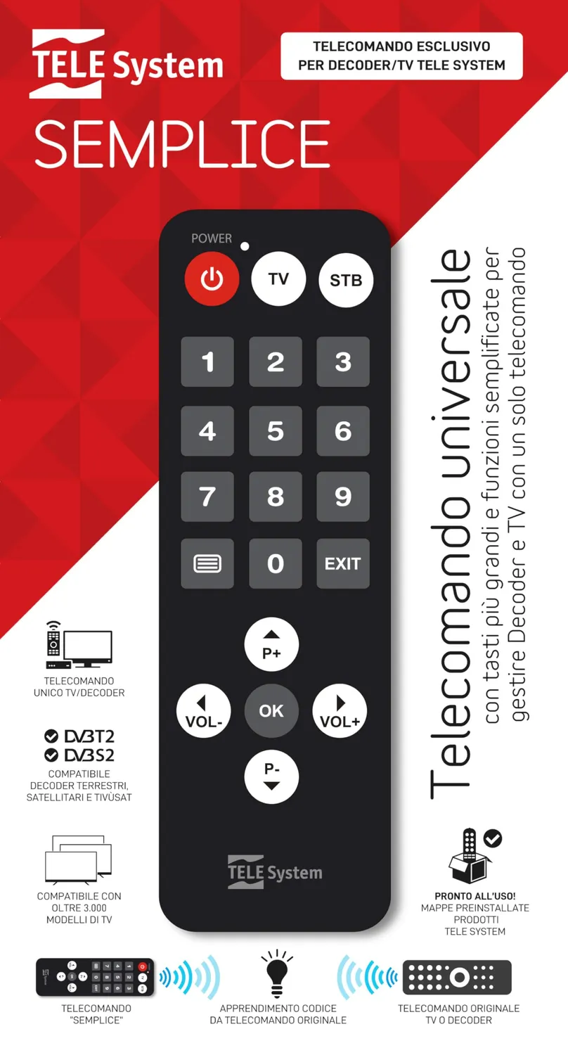 TELE System Semplice Telecomando Universale 2 in 1 tasti grandi