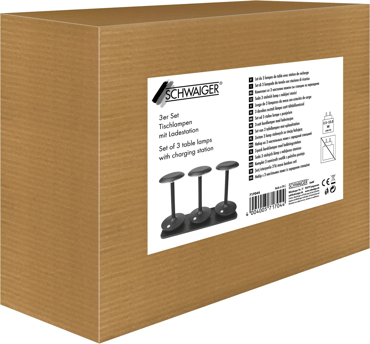 Schwaiger lampade tavolo LED set 3 pz con base ricarica 180 lm