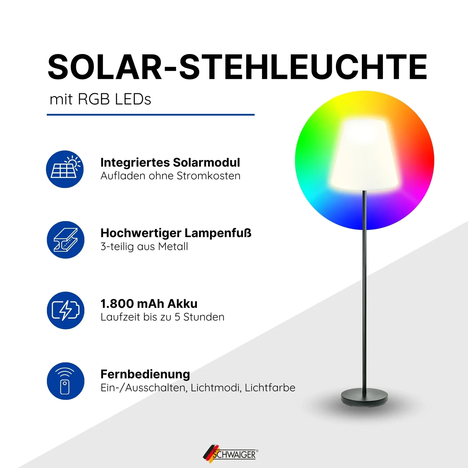 SCHWAIGER Lampada Solare da Terra 1,5 m RGB LED Bianca