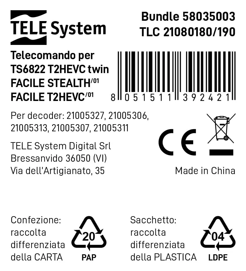 TELE System Telecomando Originale TS6822 FACILE/01 T2HEVC