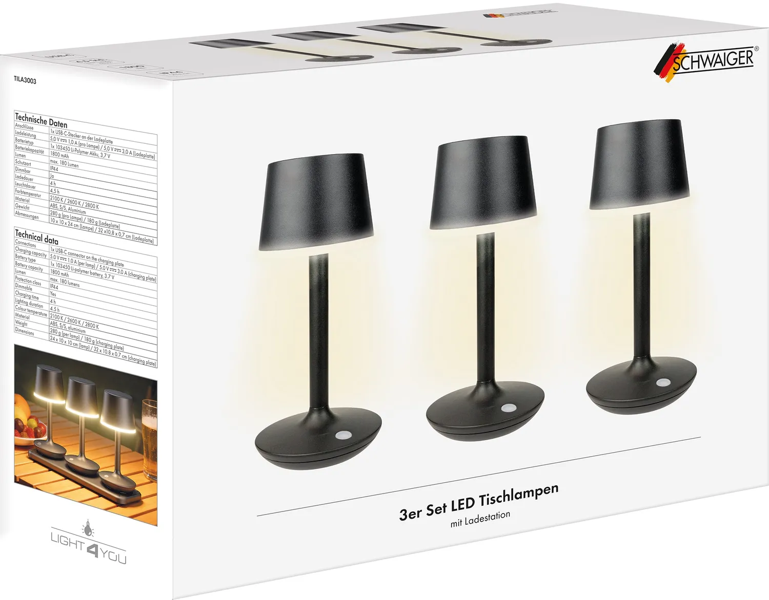 Schwaiger Lampade da tavolo set 3 pezzi con base ricarica