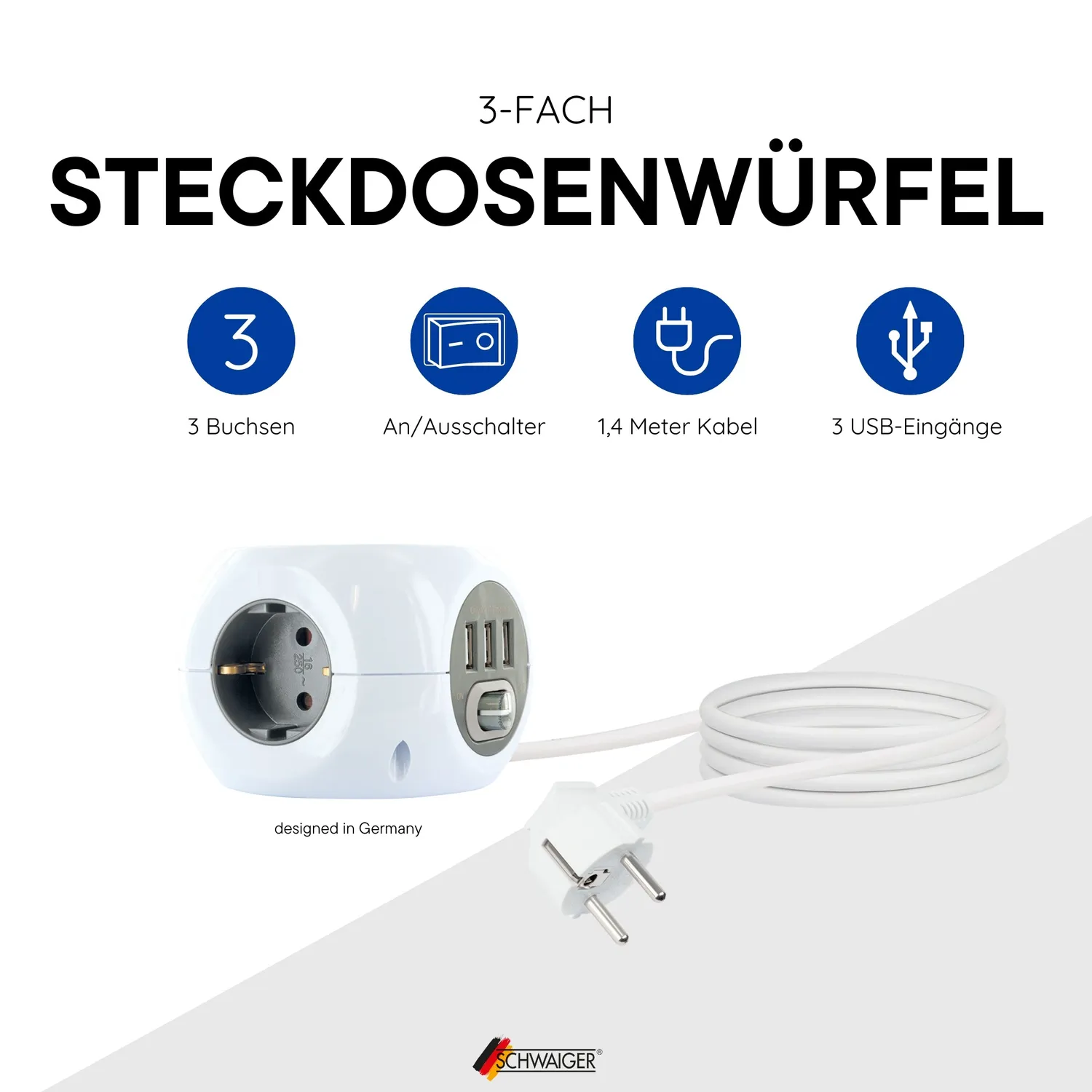 SCHWAIGER Cubo presa multipla 3 prese + 3 USB 1,4 m