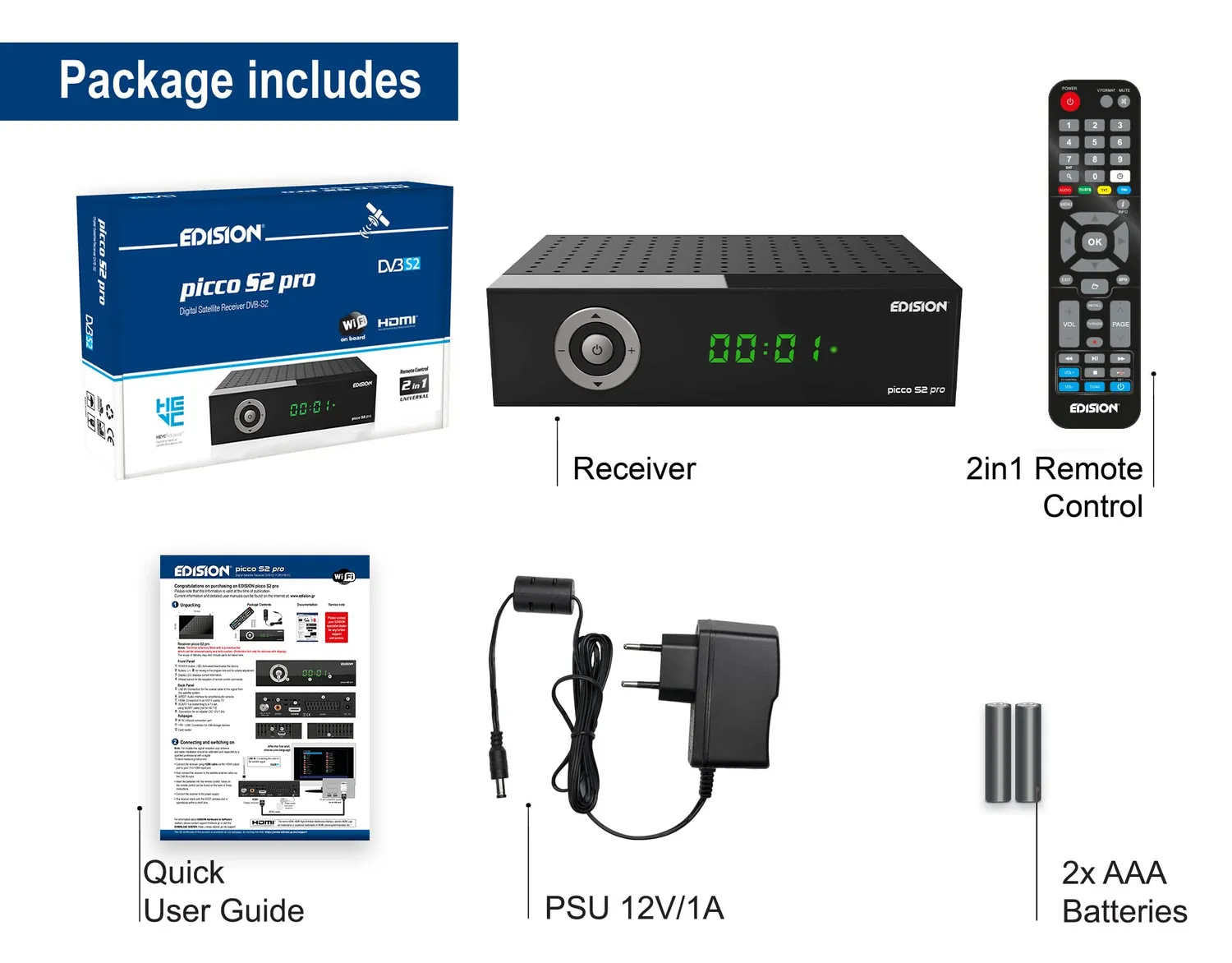 Edision Picco S2 Pro Decoder Sat DVB-S2 HEVC WiFi HDMI
