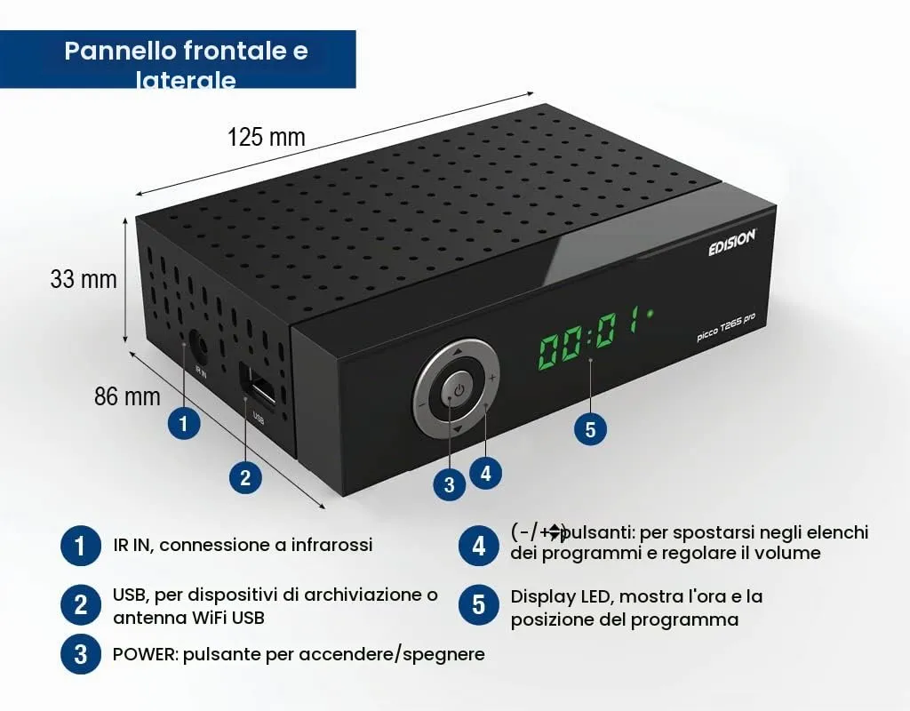 Edision PICCO T265 Pro Decoder Terrestre DVB-T2 HEVC Nero