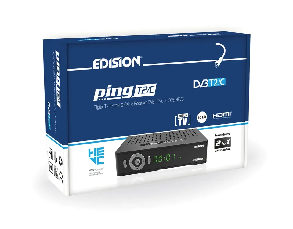 Edision Ping T2/C decoder DVB-T2 HEVC telecomando 2in1