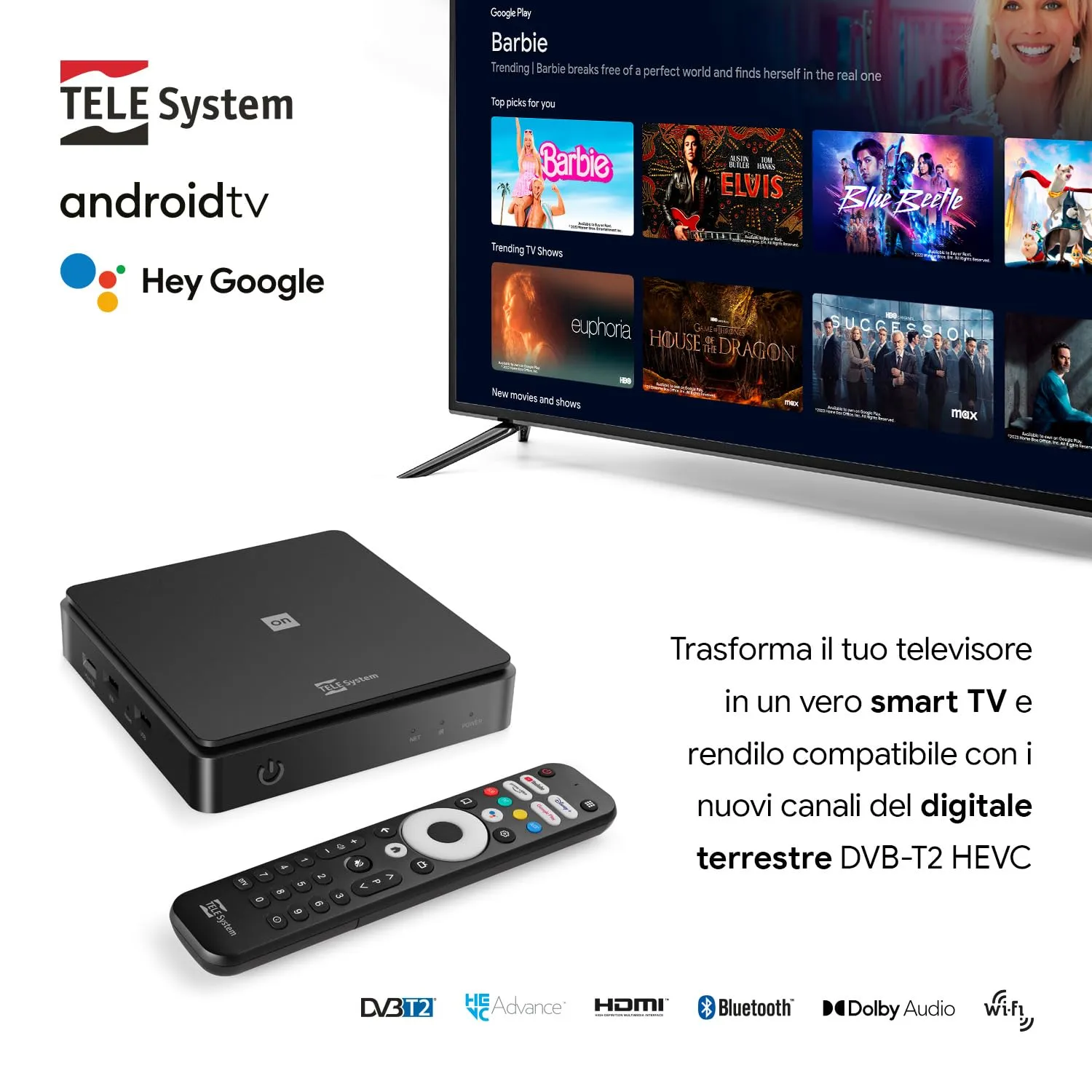 TELE System ON T2 HD decoder terrestre Android TV HDR10