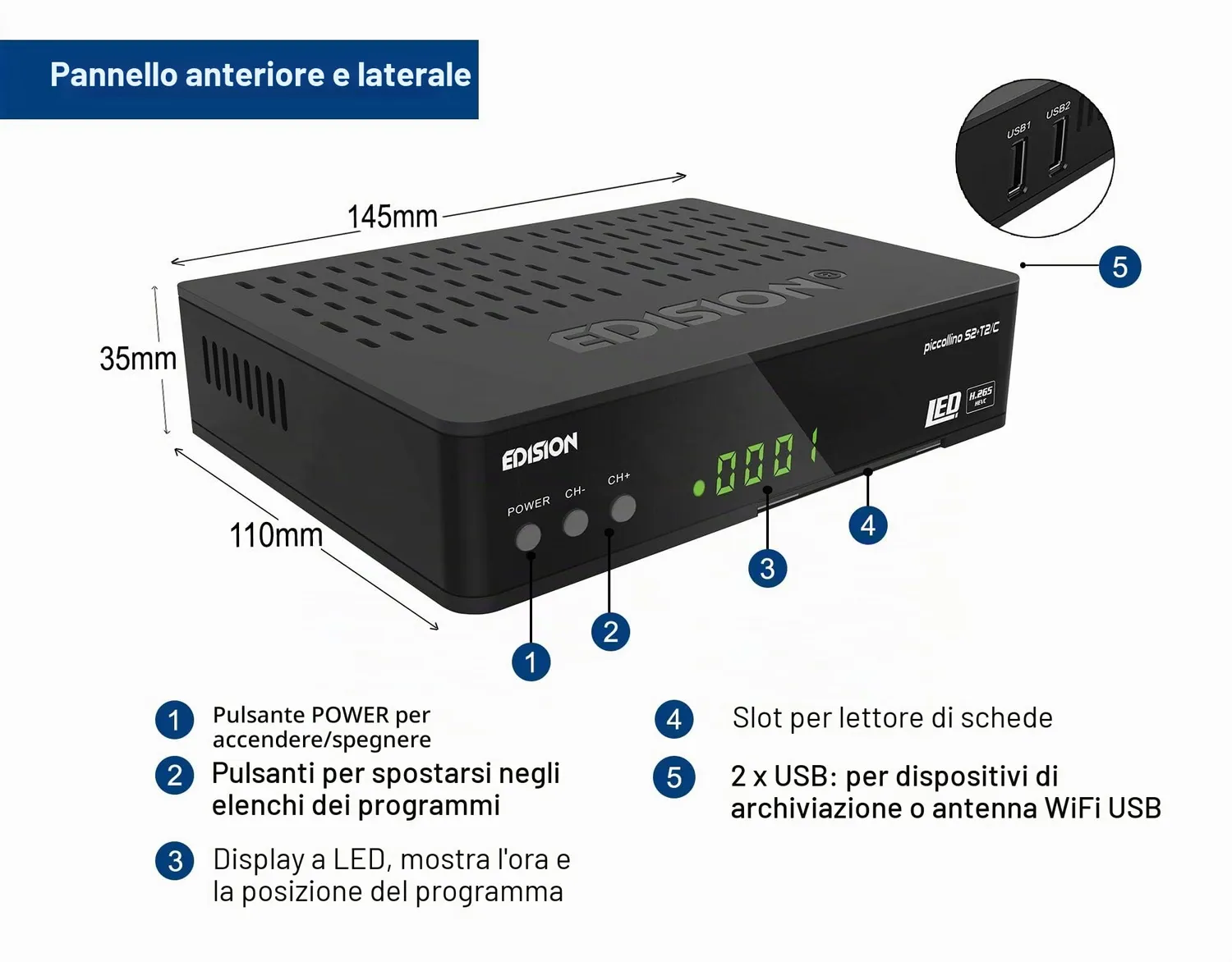 Edision PICCOLLINO S2+T2/C Decoder Combo Full HD HEVC