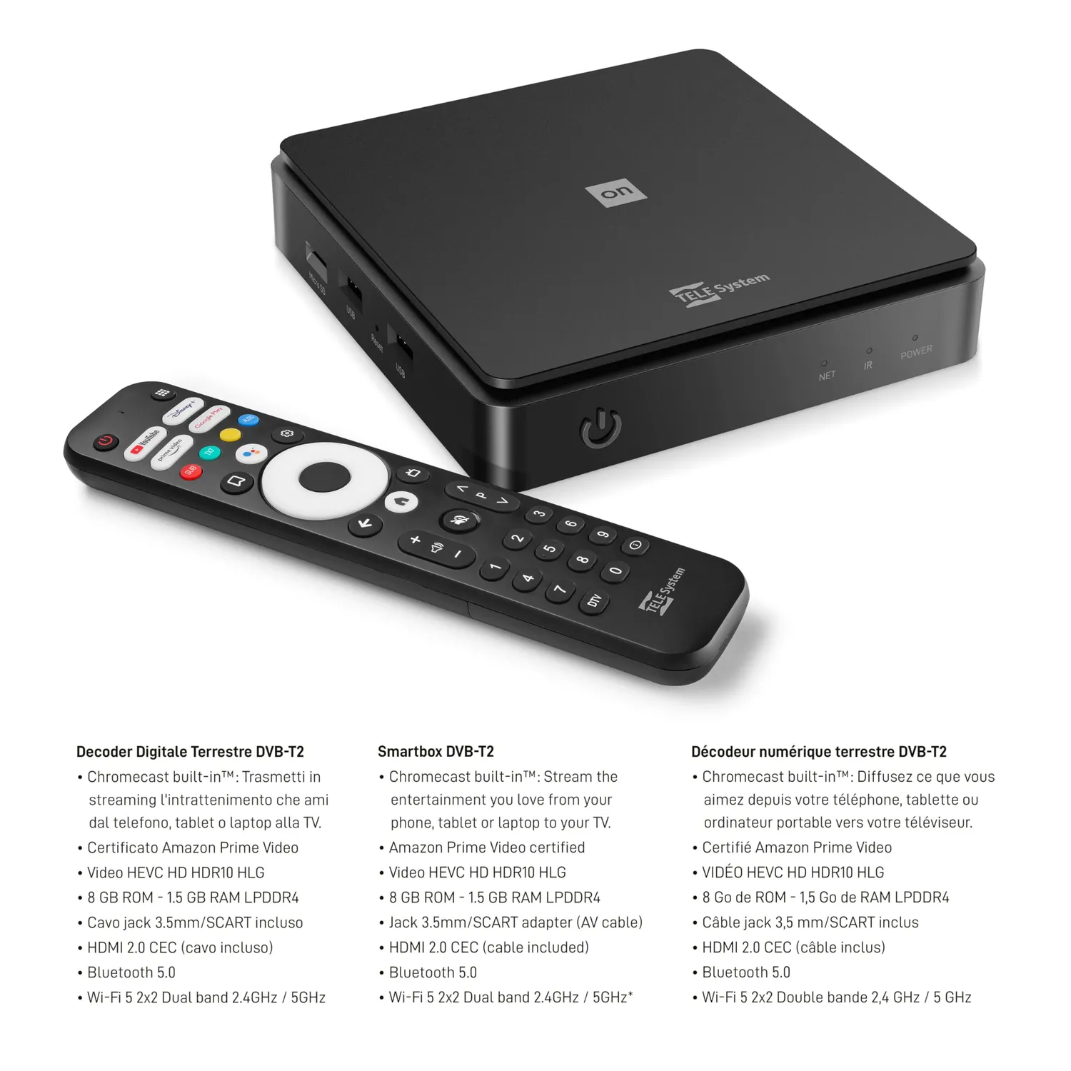 TELE System ON T2 HD decoder terrestre Android TV HDR10