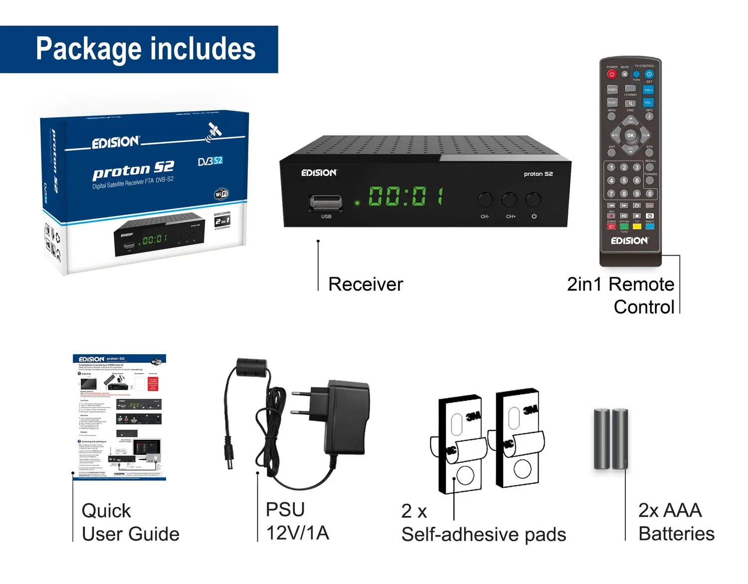 Edision Proton S2 Decoder Sat DVB-S2 Full HD FTA Nero