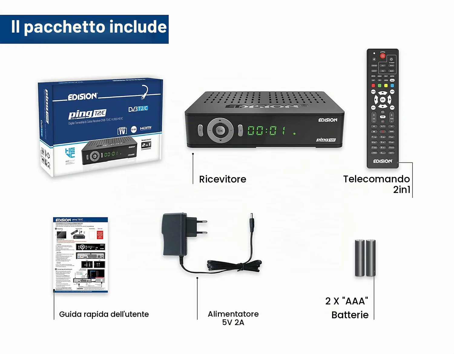 Edision Ping T2/C decoder DVB-T2 HEVC telecomando 2in1
