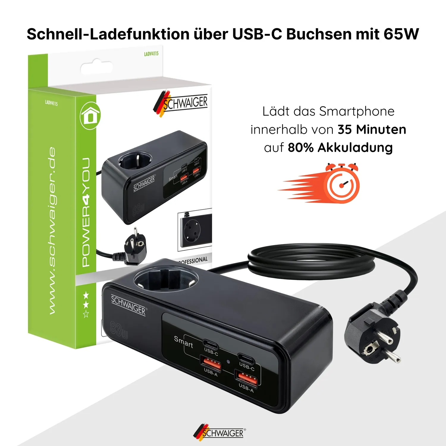 SCHWAIGER LADV4115 Multipresa 83W USB-C 1,5 m