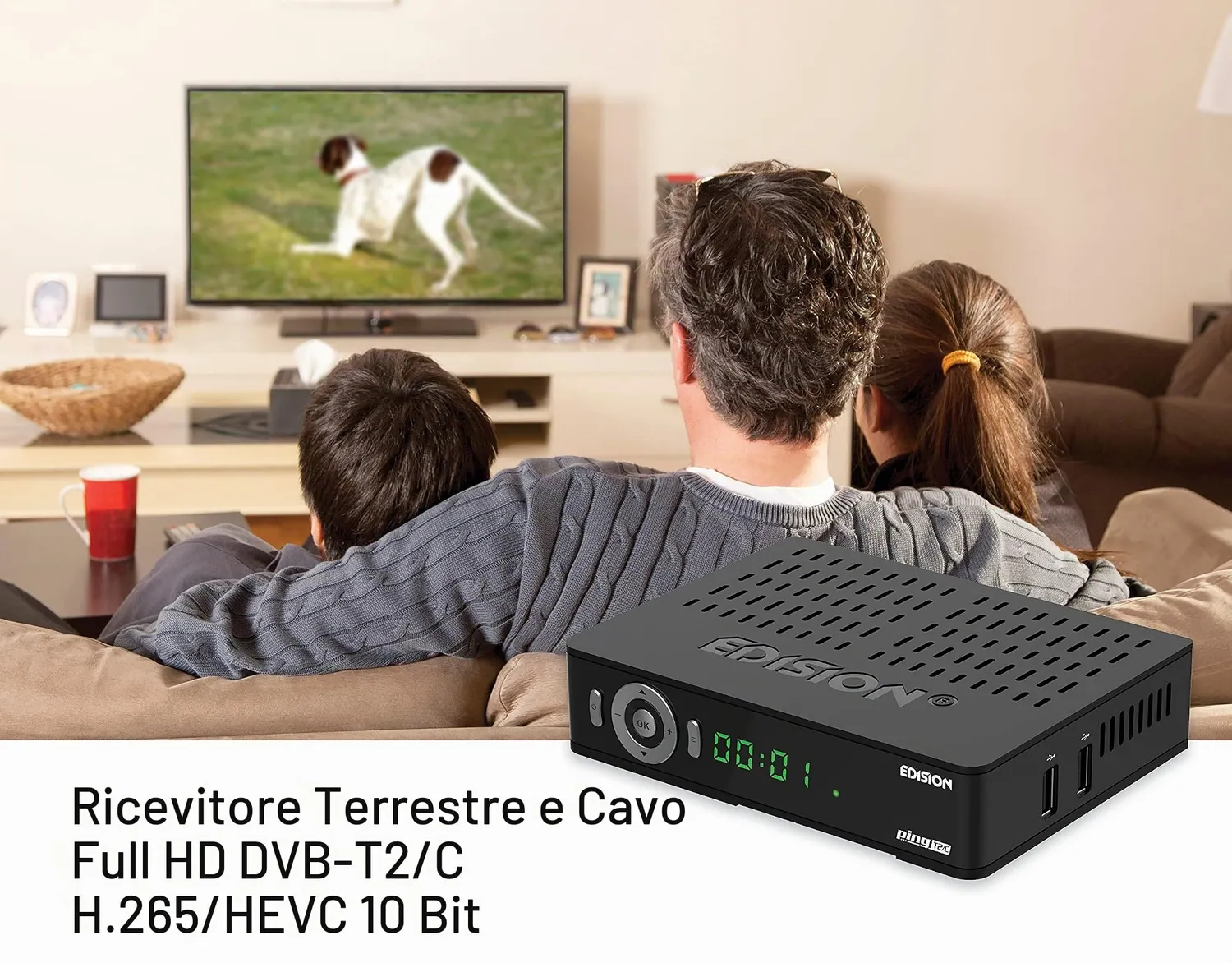 Edision Ping T2/C decoder DVB-T2 HEVC telecomando 2in1