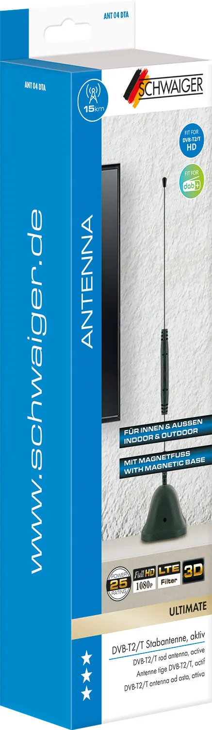 SCHWAIGER Antenna Stilo DVB-T2 HD Attiva 22dB Filtro LTE