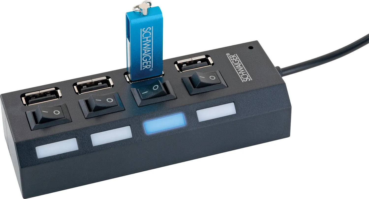 Schwaiger Hub USB 2.0 4 Porte con Interruttori Nero