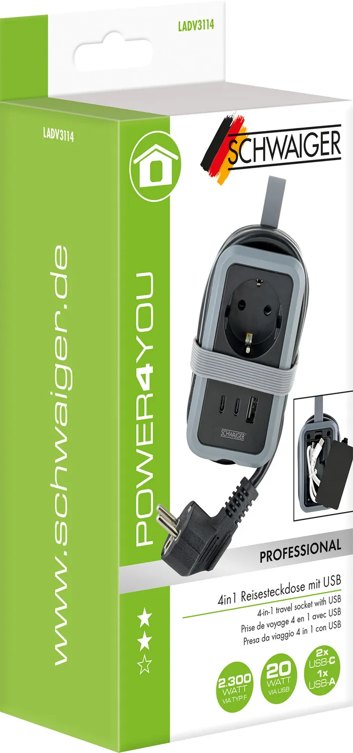Schwaiger Presa Viaggio EU 4in1 USB-A USB-C 20W 1,4 m