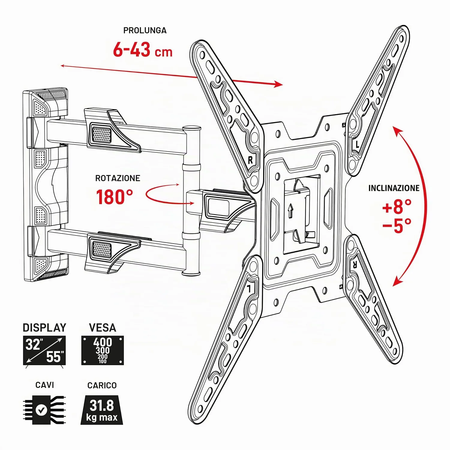 TELE System supporto TV 32-55 pollici braccio VESA