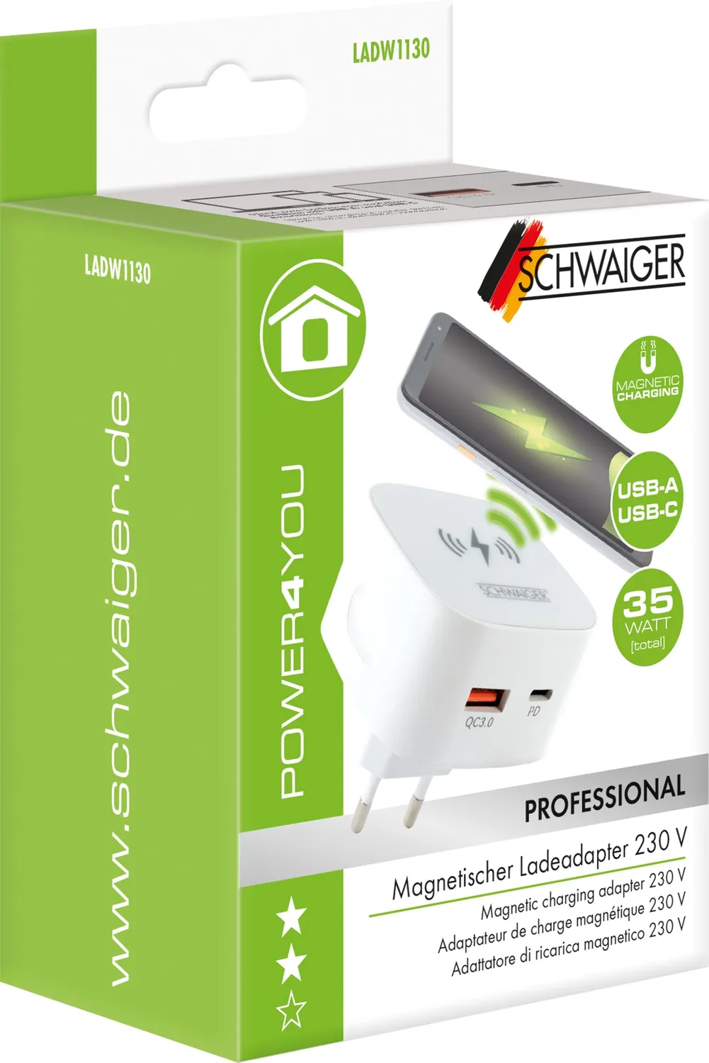 Schwaiger Caricatore Magnetico Qi USB-C USB-A 35W