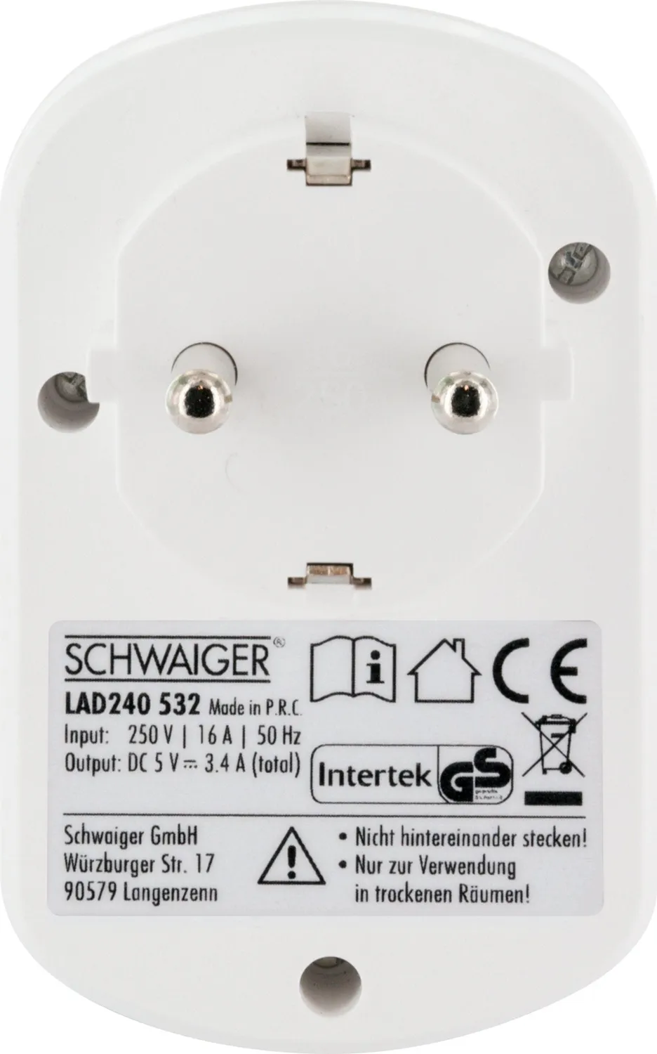 Schwaiger Caricatore 230V USB 2x USB-A presa passante