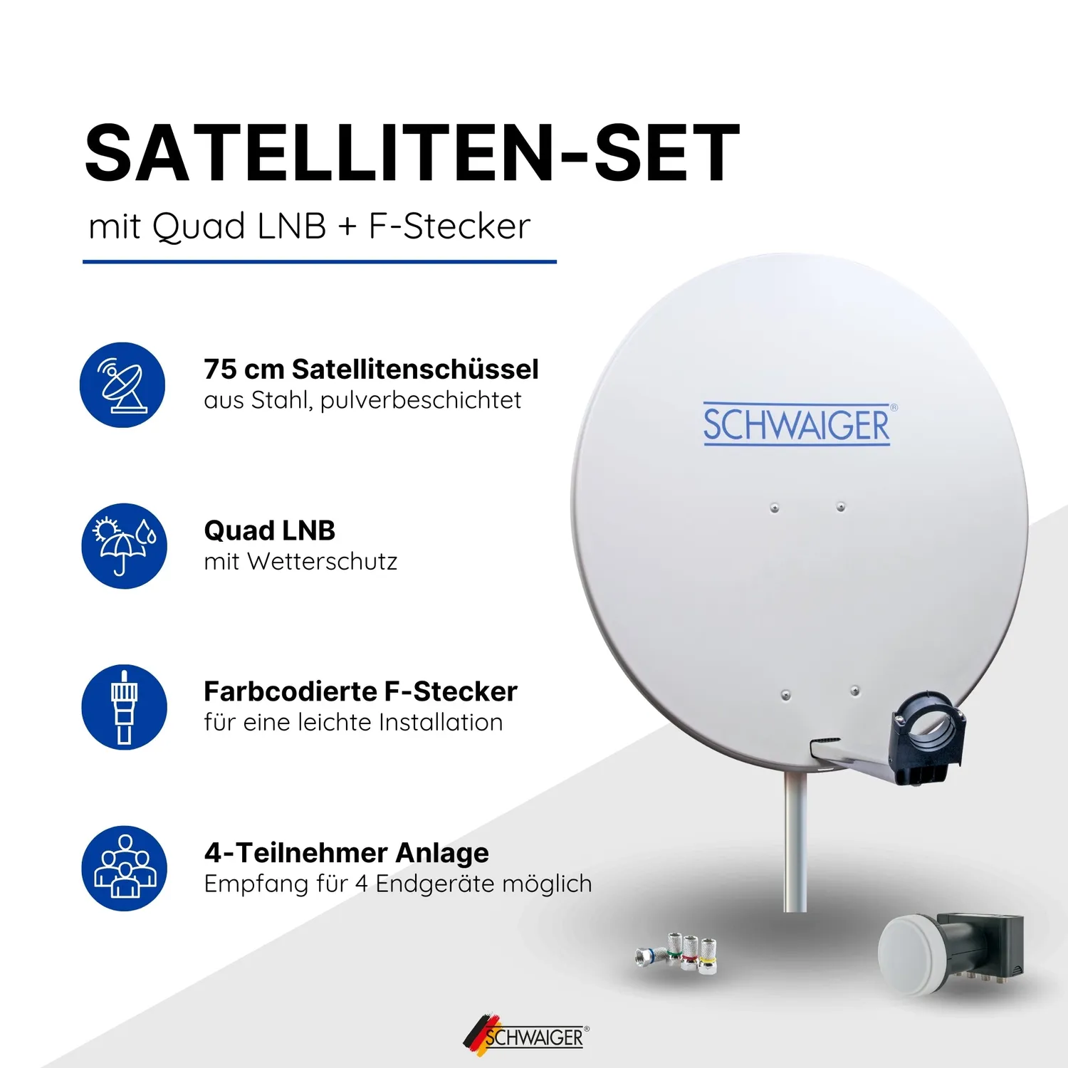 SCHWAIGER Parabola acciaio 75 cm kit Quad LNB