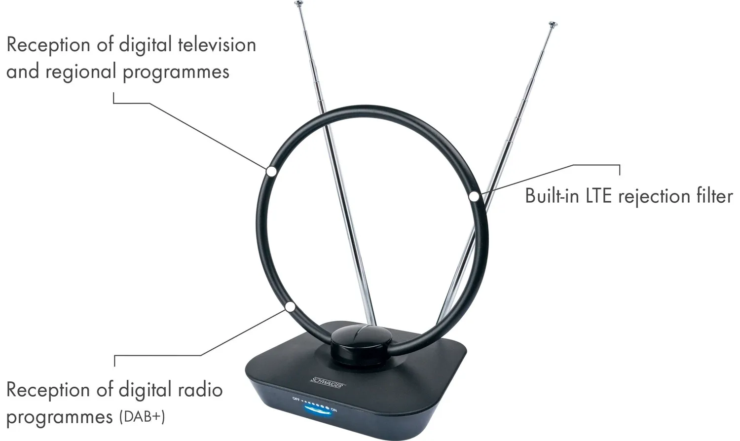 Schwaiger antenna interna DVB-T2 attiva 36 dB