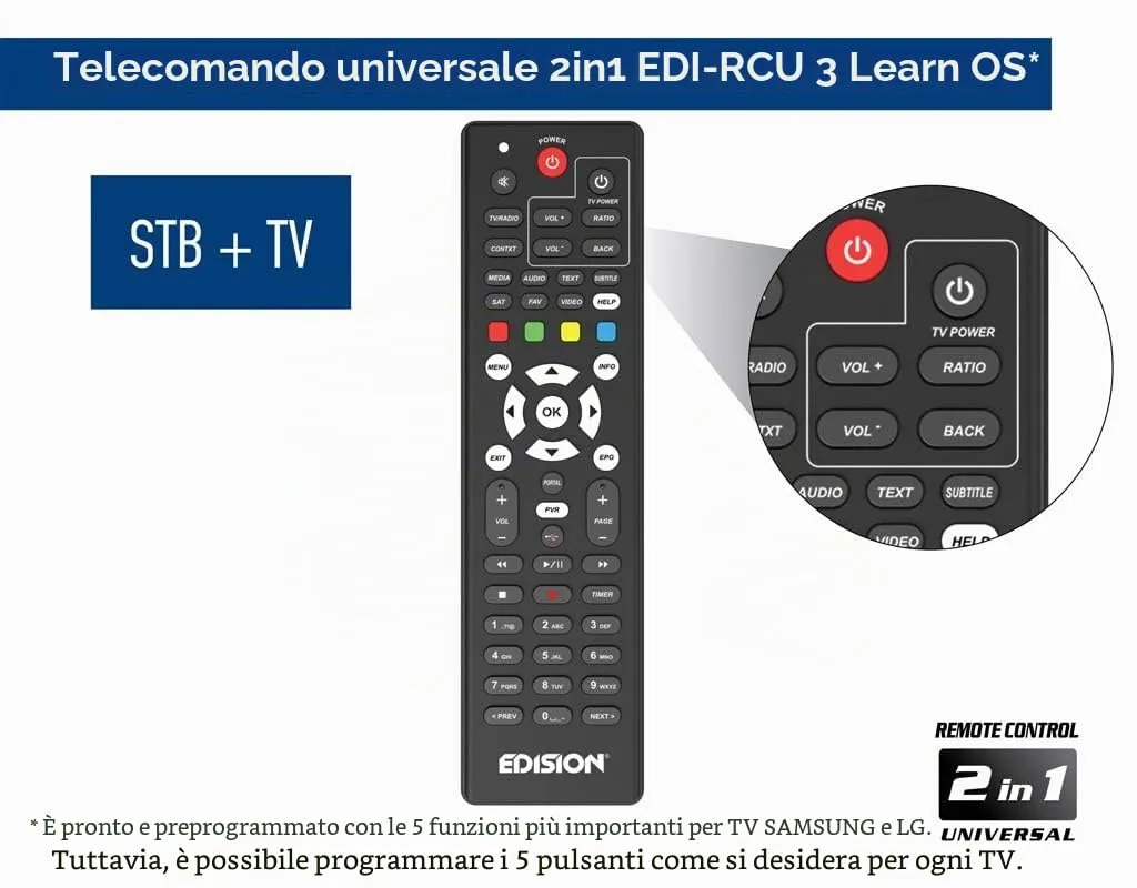 Edision EDI-RCU 3 Learn OS Telecomando universale 2in1 TV decoder