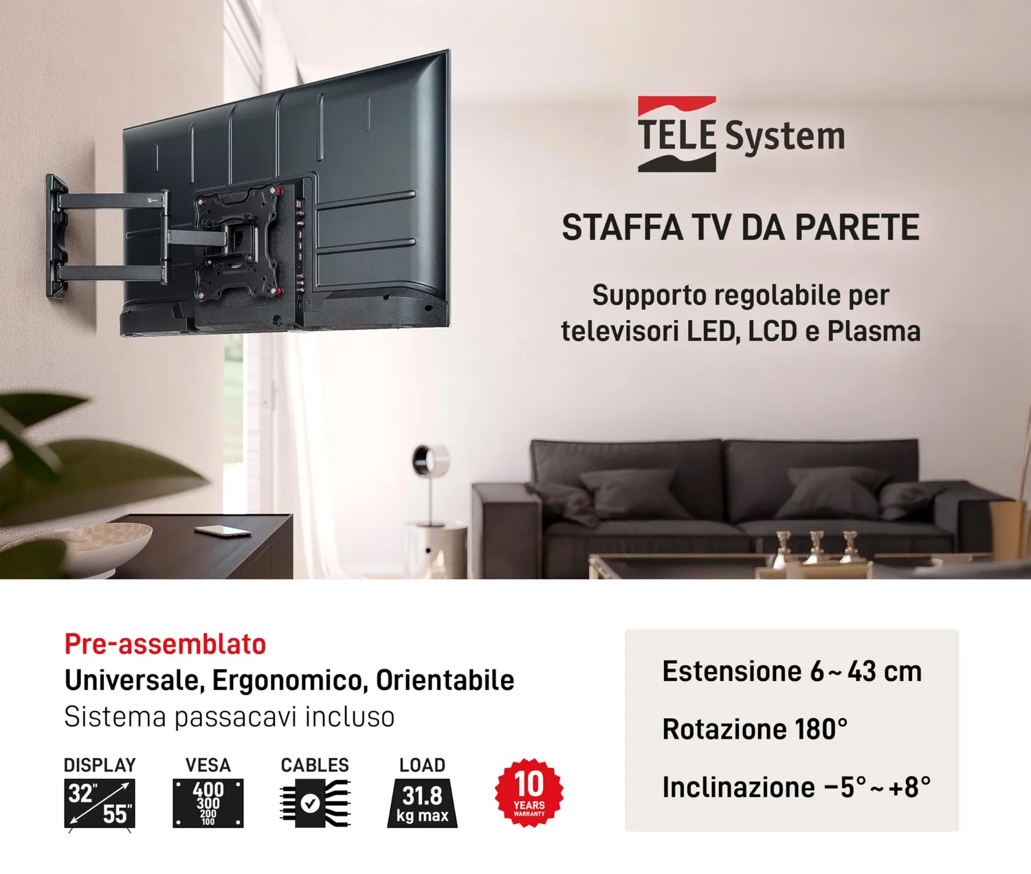 TELE System supporto TV 32-55 pollici braccio VESA